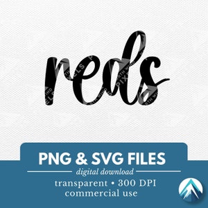 レッズ デジタル ダウンロード、PNG および SVG ファイル、透明な背景、筆記体、ユース スポーツ チーム T シャツ、マスコット、スクール スピリット ウェア