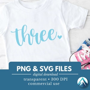 Nummer drie, digitale download, PNG- en SVG-bestand, transparant, schattig klein hartje, cursief, babyblauwe kleur, 3e verjaardag, 3 jaar oud