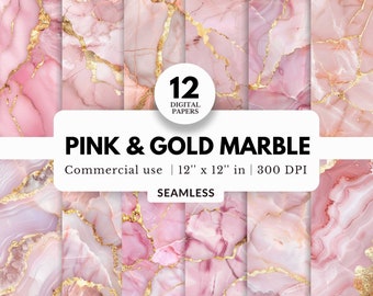 May include: Twelve digital papers featuring a seamless pink and gold marble pattern. Each paper is 12 inches by 12 inches and 300 DPI.