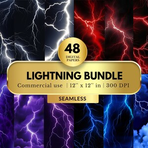 May include: A digital paper bundle showcasing lightning bolt designs in white, red, purple, and blue against dark backgrounds. The image includes the text "LIGHTNING BUNDLE" and "48 DIGITAL PAPERS". Each paper is 30.48 cm x 30.48 cm in size.
