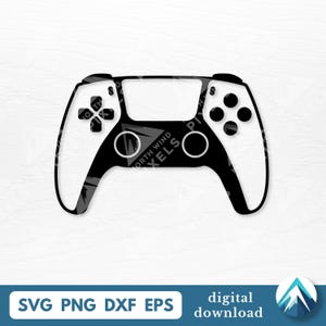 May include: A black and white graphic of a video game controller. The controller has a symmetrical design with buttons and directional pads. The image includes the text "SVG PNG DXF EPS" and "digital download".