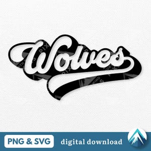 Może przedstawiać: Czarno-biały projekt graficzny słowa "Wolves" w retro, vintage stylu czcionki. Słowo jest zakrzywione i ma projekt w stylu baseballowym.