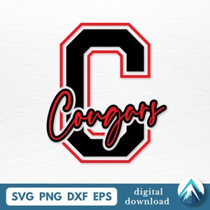 Puede incluir: Una letra "C" negra con un contorno rojo y la palabra "Cougars" en escritura roja. El diseño es para una descarga digital, con tipos de archivo SVG, PNG, DXF y EPS.