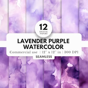 Puede incluir: Doce papeles digitales sin costuras con un diseño de acuarela lavanda y morado. Los papeles miden 30,5 cm por 30,5 cm y 300 DPI.