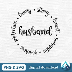 Traços do marido Download digital, arquivo PNG e SVG, formato de círculo redondo, fundo transparente, escrita cursiva, adjetivos, para camisas, canecas