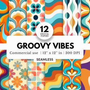 12 groovy vibes digitaal papier, naadloze patronen, 12 x 12, jpg download, jaren 60 en 70, flowerpower, retro vintage, hippiedecor, abstracte golf