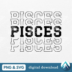 May include: Black and white graphic design featuring the word "Pisces" in a bold, blocky font. The word is repeated multiple times, with each repetition slightly offset from the one above it, creating a layered effect.