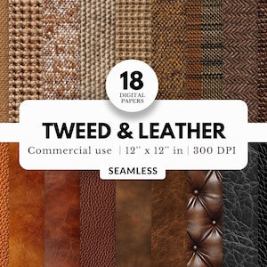 18 digitale Papiere aus Tweed und Leder, nahtlose Muster, 12x12 Zoll, Professor Jacket Fabric Textures, Für Telefonhüllen, Sublimation, Dekokissen