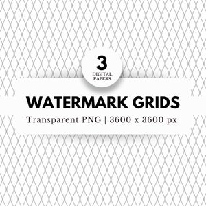 May include: A set of 3 digital papers featuring a white background with a grey, wavy grid pattern. The text "WATERMARK GRIDS" is displayed in black, along with the text "Transparent PNG | 3600 x 3600 px".