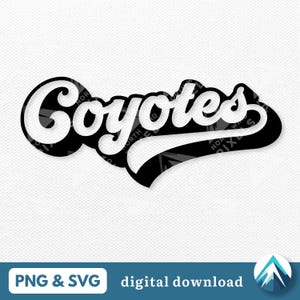 スポーティ・コヨーテのデジタルダウンロード、PNGとSVG、透明、影付きレトロ野球スタイル、学校のスポーツチーム向け、マスコットデカール