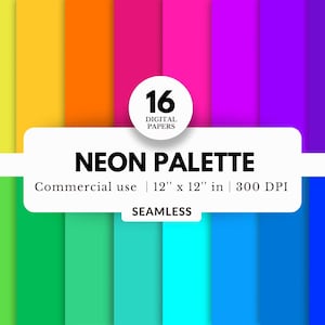 Pacchetto di carta digitale con 16 tavolozze al neon, colori solidi, 12x12, download JPG, piastrellabile, semplice diario spazzatura, semplice scrapbooking, artigianato decoupage