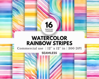 16 Aquarell Regenbogen Streifen Digitale Papiere, Nahtlose Muster, 12x12, JPG Download Dateien, Bunter Ombre Farbverlauf, Gestreifte Hintergründe