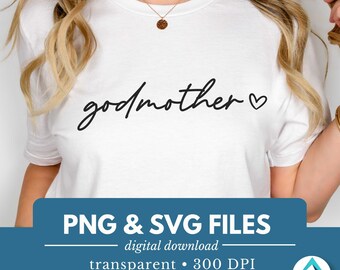 Godmother Digital Download, PNG and SVG files, Transparent Background, Small Heart, Boho Cute, Cursive Handwriting, God Mother Life Clipart