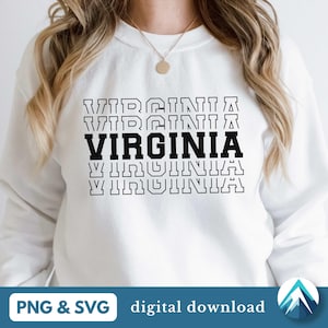 Téléchargement numérique Virginie, fichiers PNG et SVG, fond transparent, polices empilées College Varsity, fondu, Virginia State Pride, chemises