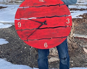 24" Wood Wall Clock, Hand Made, Large Home Office Decor, Clock For Any Room, Big Red Wall Clock