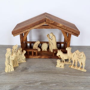 Handmade Nativity Scene Set with Stable, Manger, Wooden Nativity Christmas