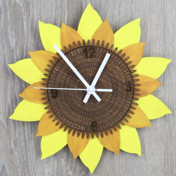 12" Multilayer Wooden Sunflower Wall Clock, Flower Clock, 3D Sunflower Clock, Anniversary Gift, Silent Clock, Home Decor Farmhouse.