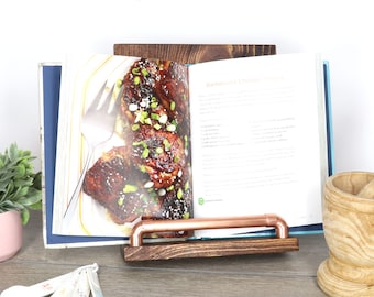 Handcrafted Cookbook Stand, Wood and Copper Recipe Book Holder