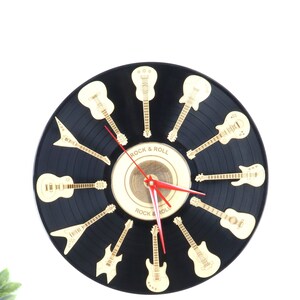 11.75&quot; Vinyl & Wooden Guitar Wall Clock, Guitar Clock, 3D Guitar, Music Room Decor, Musical Gifts, Silent