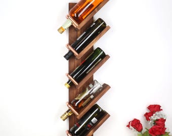Vertical Tiered Rustic Wine Rack, Wall Mounted Wood & Coper Wine Bottle Holder.