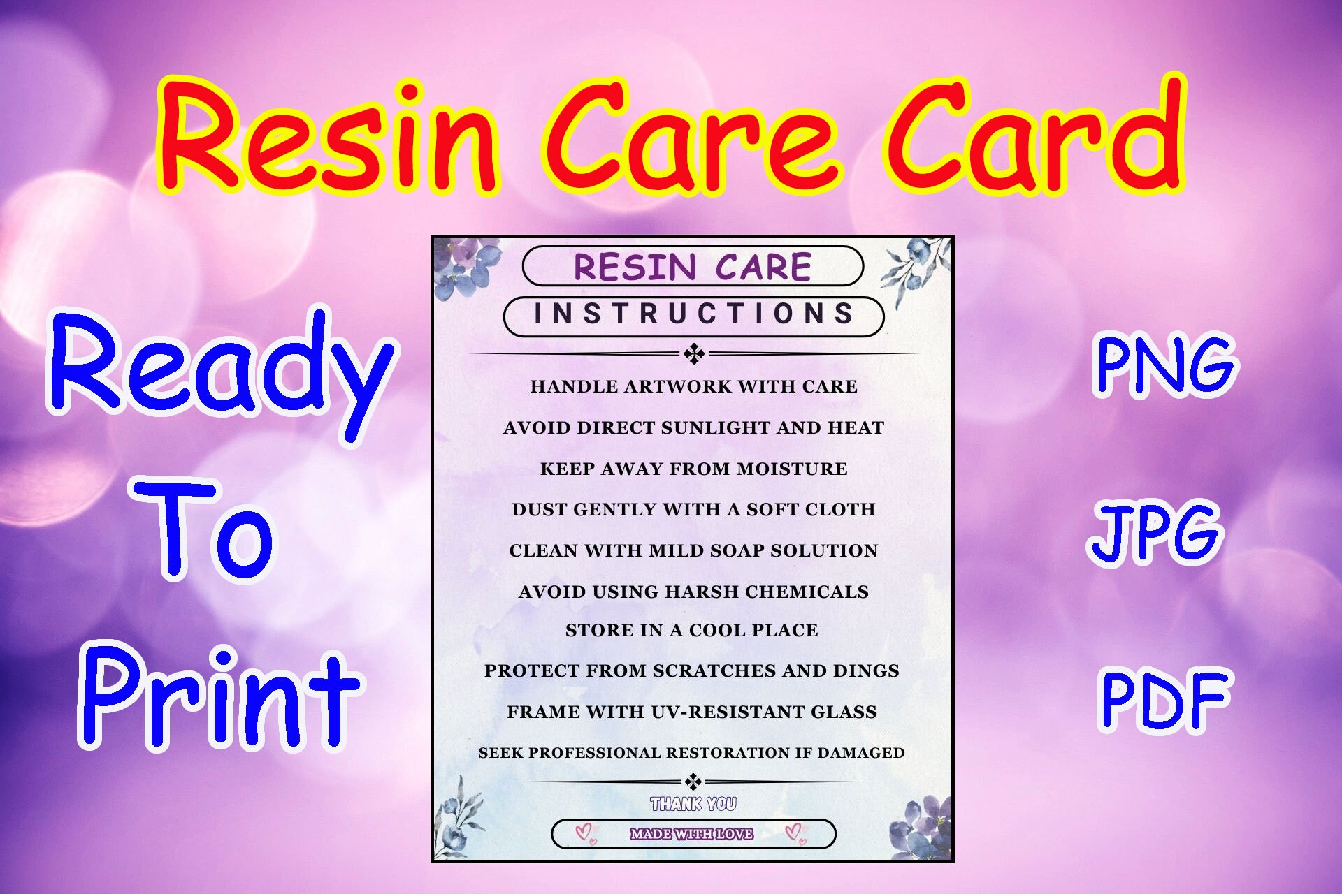 Resin Care Card , Printable Resin Care Card ,printable Resin Care Instructions Card, Resin Care ...
