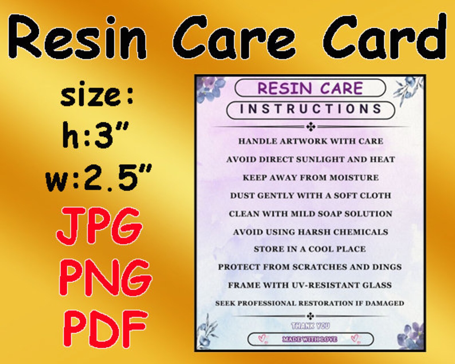 Resin Care Card , Printable Resin Care Card ,printable Resin Care
