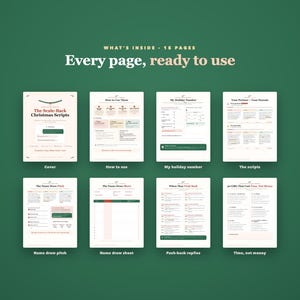 Può includere: Un set di documenti digitali intitolato The Scale-Back Christmas Scripts, contenente 18 pagine di modelli stampabili. Il layout include una copertina, istruzioni, tracker per il budget festivo, modelli di script, un foglio per l'estrazione dei nomi e idee regalo.