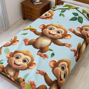 Manta de terciopelo con temática de monos para niños, decoración de dormitorio infantil, acogedora manta de animales de dibujos animados, idea de regalo para guardería, safari en la jungla para bebés.