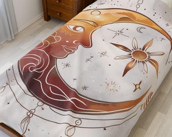 Sonne Mond Boho Line Art Samt Plüschdecke | Himmlische erdige Sublimation