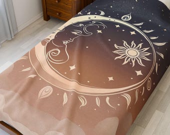 Boho Sonne Mond Line Art Samt Plüschdecke | Himmlische erdige Sublimation