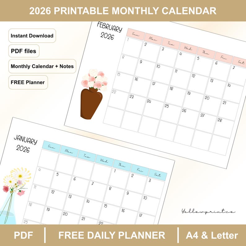 Printable Calendar 2026 | A4 Letter 12 Page Monthly Planner | Simple ...