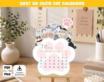 May include: A 2027 3D cutie cat calendar shaped like a large white paw print with pink pads. The calendar features various illustrated cats at the top and displays the month of January 2027 with black text on a white background, including a pink paw icon.