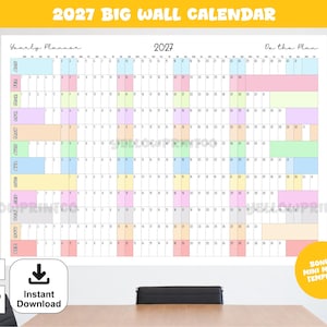 May include: A 2027 big wall calendar yearly planner with the text 2027 BIG WALL CALENDAR and Do the Plan. The grid features twelve rows for months, each with numbered days and alternating pastel color blocks. Includes PDF, A0, A1, A2, A3 text.