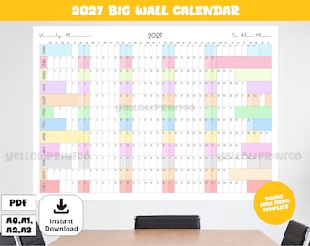 May include: A 2027 big wall calendar yearly planner with the text 2027 BIG WALL CALENDAR and Do the Plan. The grid features twelve rows for months, each with numbered days and alternating pastel color blocks. Includes PDF, A0, A1, A2, A3 text.