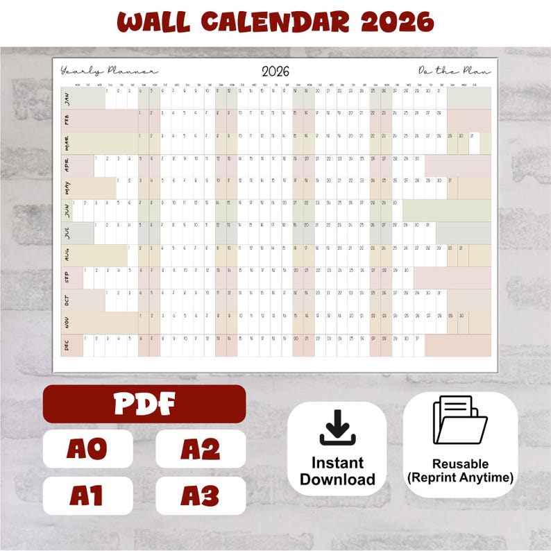 Giant Yearly Calendar 2026 Printable | Earth Tone Big Wall Planner PDF ...