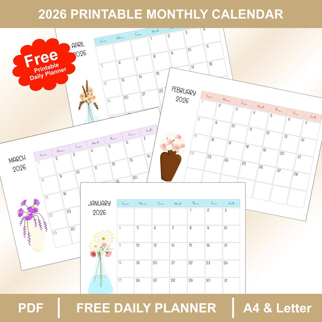Printable Calendar 2026 | A4 Letter 12 Page Monthly Planner | Simple ...