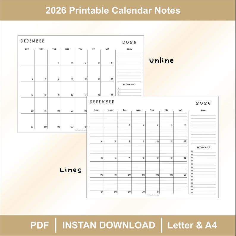 2026 Printable Calendar Notes | Minimalist Monthly Planner | A4 ...