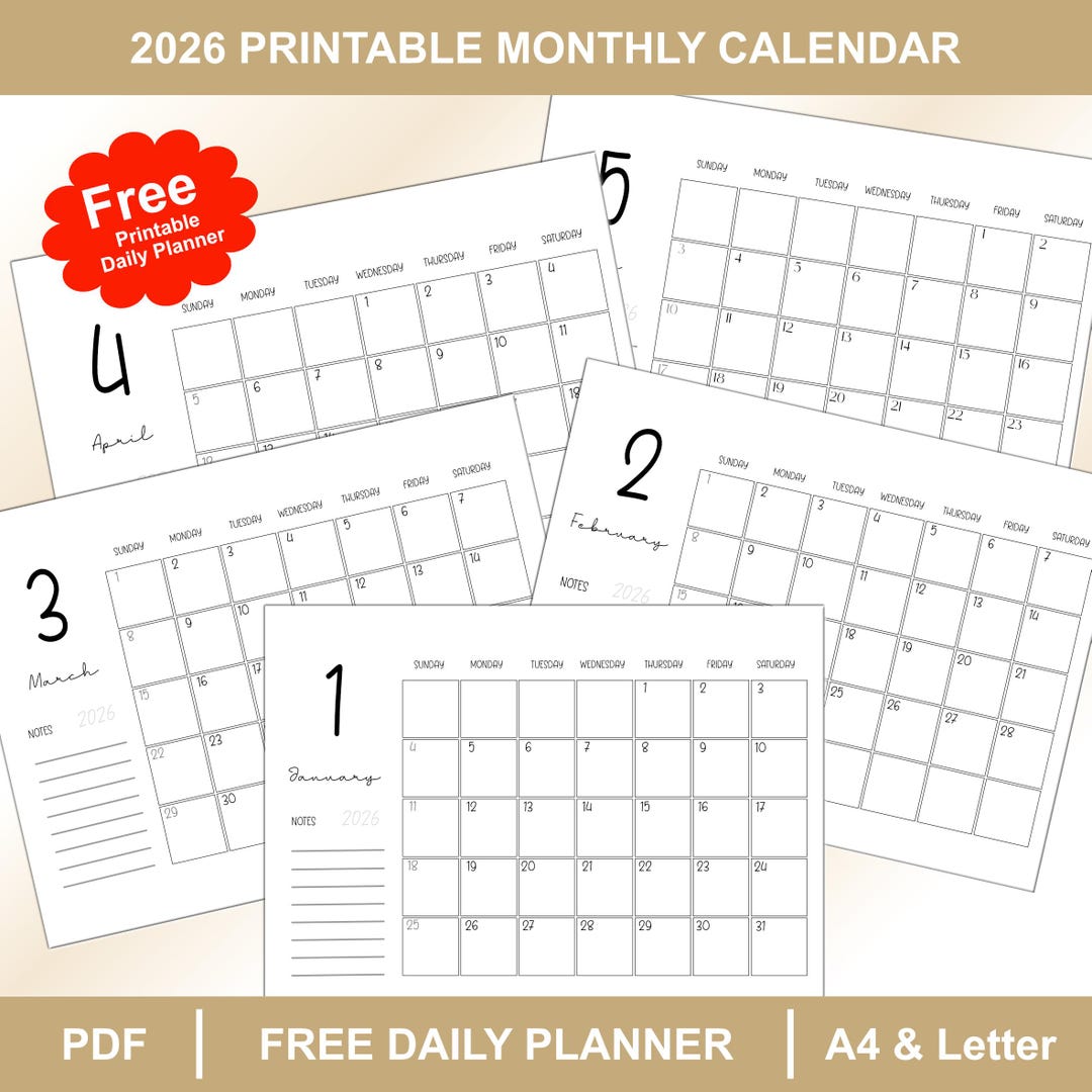 2026 Printable Calendar | Minimalist Black and White, A4 Letter (PDF ...