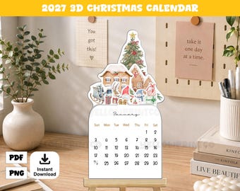 Mini calendario navideño 3D 2027 / Calendario de escritorio desplegable imprimible / Manualidades de papel / PNG y PDF / Idea de regalo para un calendario