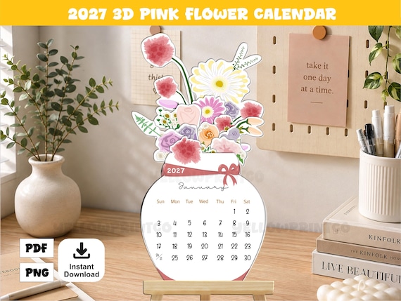 2027 3D Pink Flower Desk Calendar | Printable Floral Calendar | Mini DIY Paper Craft | PNG & PDF | Aesthetic Calendar Gift Idea