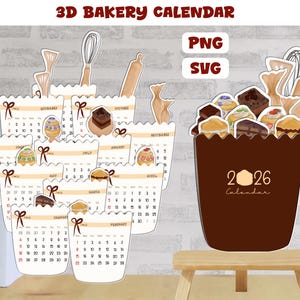 Pode incluir: Um calendário de padaria 3D com um recipiente marrom cheio de doces e utensílios de cozinha. O calendário apresenta um design de 2026 e páginas mensais individuais. O texto "3D BAKERY CALENDAR" está no topo.