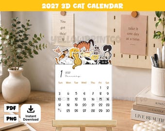 May include: A 2027 desk calendar featuring a white page for January with black text and numbers. The top of the calendar is decorated with a collection of colorful, illustrated cat cutouts in various poses, including orange, black, and white patterns.