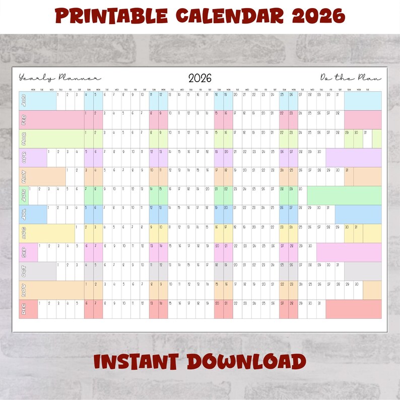Giant Yearly Calendar 2026 Printable | Colorful Big Wall Planner PDF ...