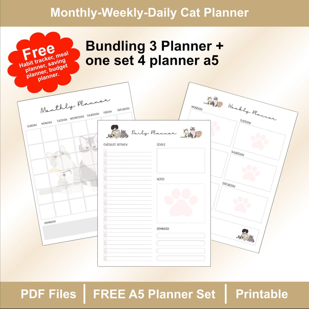 Cute Cat Planner Printable | Daily Weekly Monthly Calendar A5 A4 Letter ...