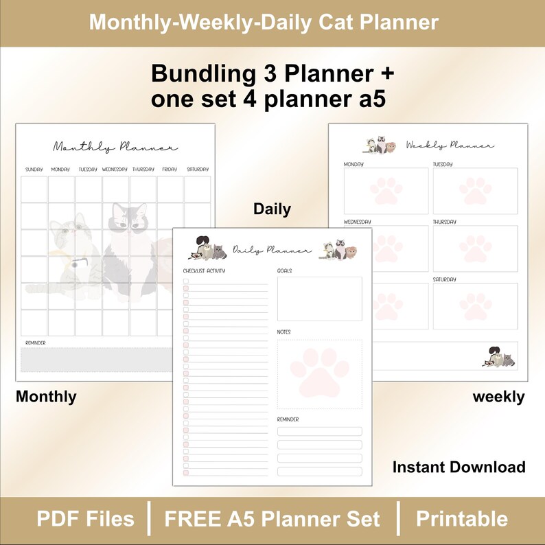 Cute Cat Planner Printable | Daily Weekly Monthly Calendar A5 A4 Letter ...