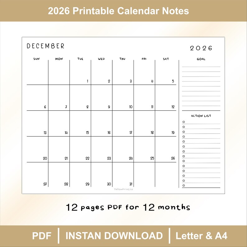 2026 Printable Calendar Notes | Minimalist Monthly Planner | A4 ...