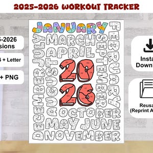 May include: A 2025-2026 workout tracker featuring the months of the year surrounding the numbers 2025 and 2026. The text "2025-2026 WORKOUT TRACKER" is at the top. Available in A3, A4, and Letter sizes, and PDF and PNG formats.