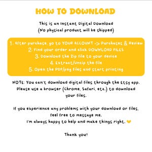 May include: A digital instruction graphic with the yellow header HOW TO DOWNLOAD. It lists five steps for accessing files, notes that digital files cannot be downloaded via the Etsy app, and offers assistance for any download issues encountered.