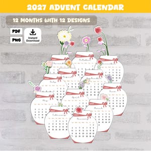 May include: A 2027 printable calendar set featuring 12 individual monthly pages shaped like jars with floral illustrations. Each jar includes the month name, calendar dates, and a unique flower design. The digital file includes PDF and PNG formats.