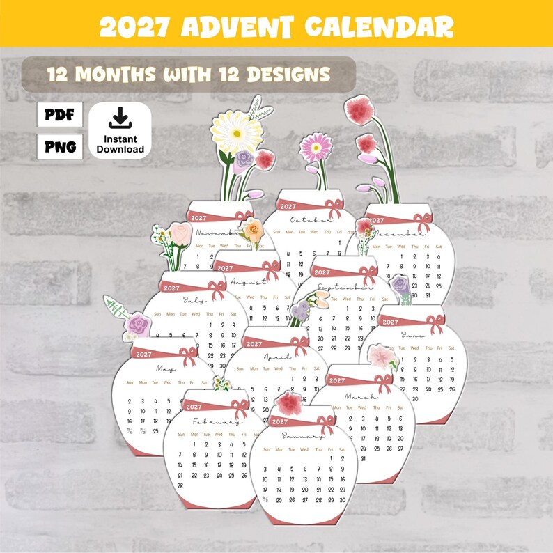 May include: A 2027 printable calendar set featuring 12 individual monthly pages shaped like jars with floral illustrations. Each jar includes the month name, calendar dates, and a unique flower design. The digital file includes PDF and PNG formats.